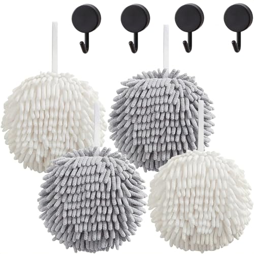 Frbryak 4 Pcs Fuzzy Ball Hand Towel for Bathroom with 4 Hooks, 2Gray+2White