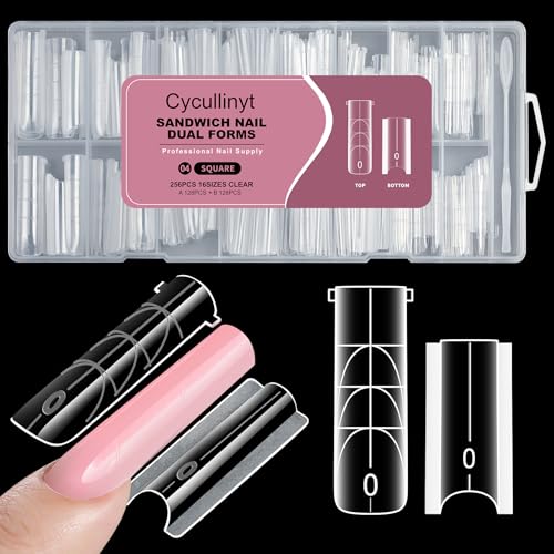 Cycullinyt Poly Nail Gel Sandwich Nail Form Dual System 256PCS Square Reusable Top & Bottom Forms with Guide Lines & Side Locking Clips 16 Sizes for Stable Apex Nail Extensions