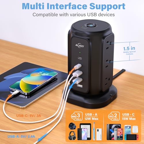 AiJoy Flat Plug Power Strip Tower with 9 Outlets and 5 USB Ports (2 USB-C), 1200J Surge Protection, 1625W Extension Cord with Multiple Outlets Charging Station for Home Dorm Office Supplies