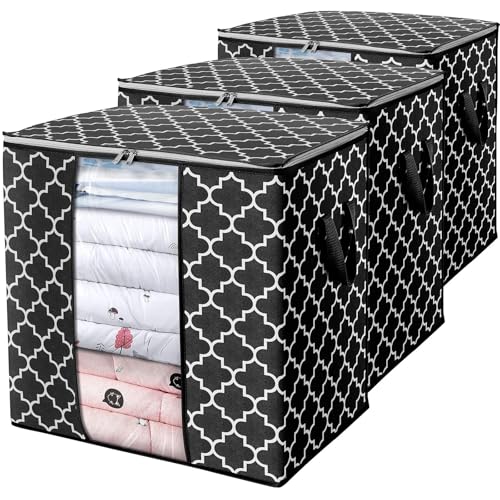 Image of Non-Woven Fabric Moroccon Print Storage Bags [3 Pack /100L] Large Blanket Clothes Organization And Storage Containers For Comforters, Bedding, Foldable Organizer, Black Best Storage Bag 3 packs