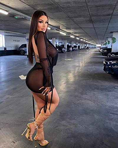 Women's Sexy Long Sleeve Two 2 Pieces Outfits Sheer Mesh Mini Dress Skirt Set Top V Neck Backless Ruched Bodycon Cover Up3