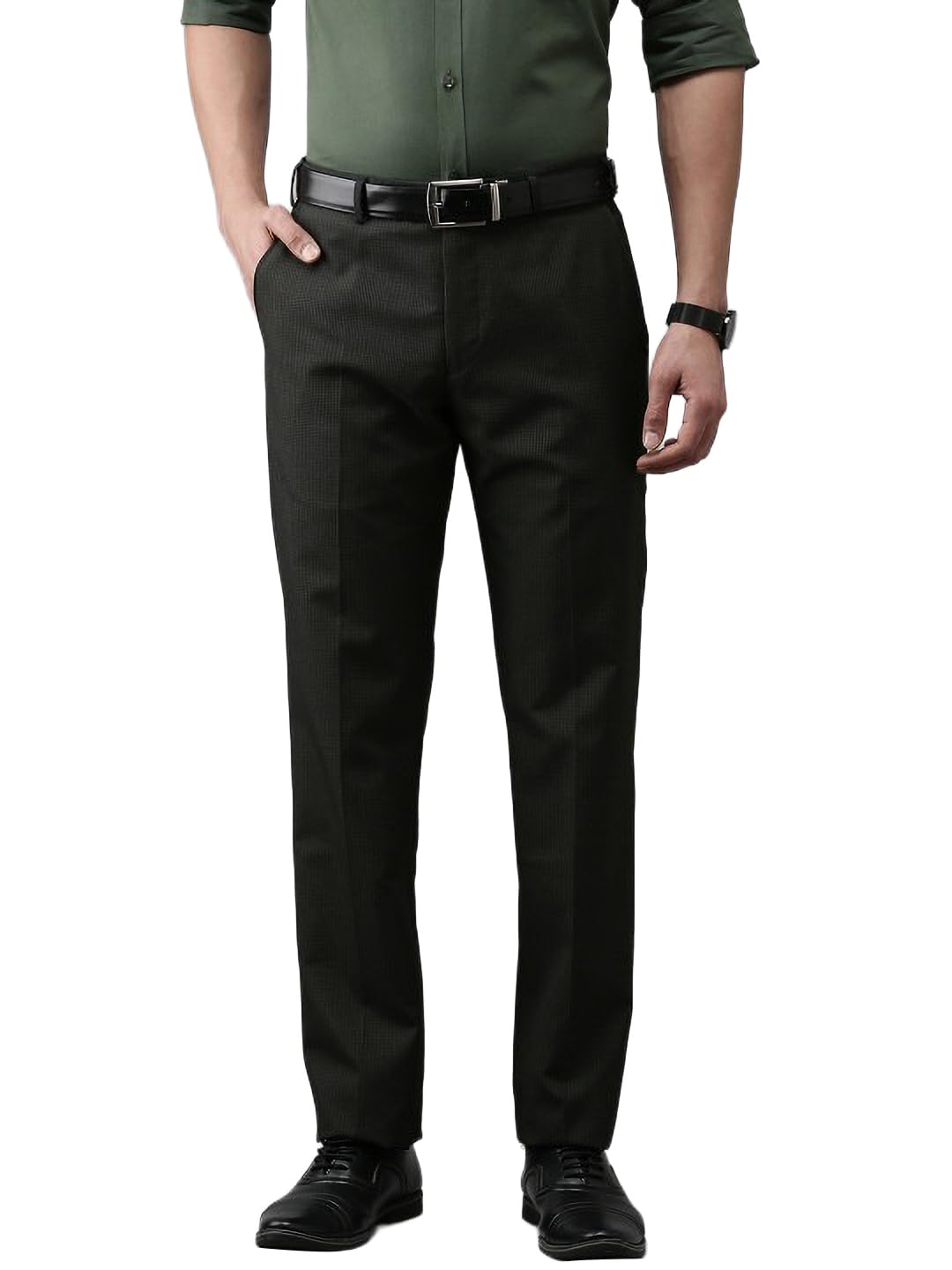 park avenue Men's Smart Fit Polyviscose Blend Flat Front Checks Pattern Dark Grey Formal Trouser-picture-17