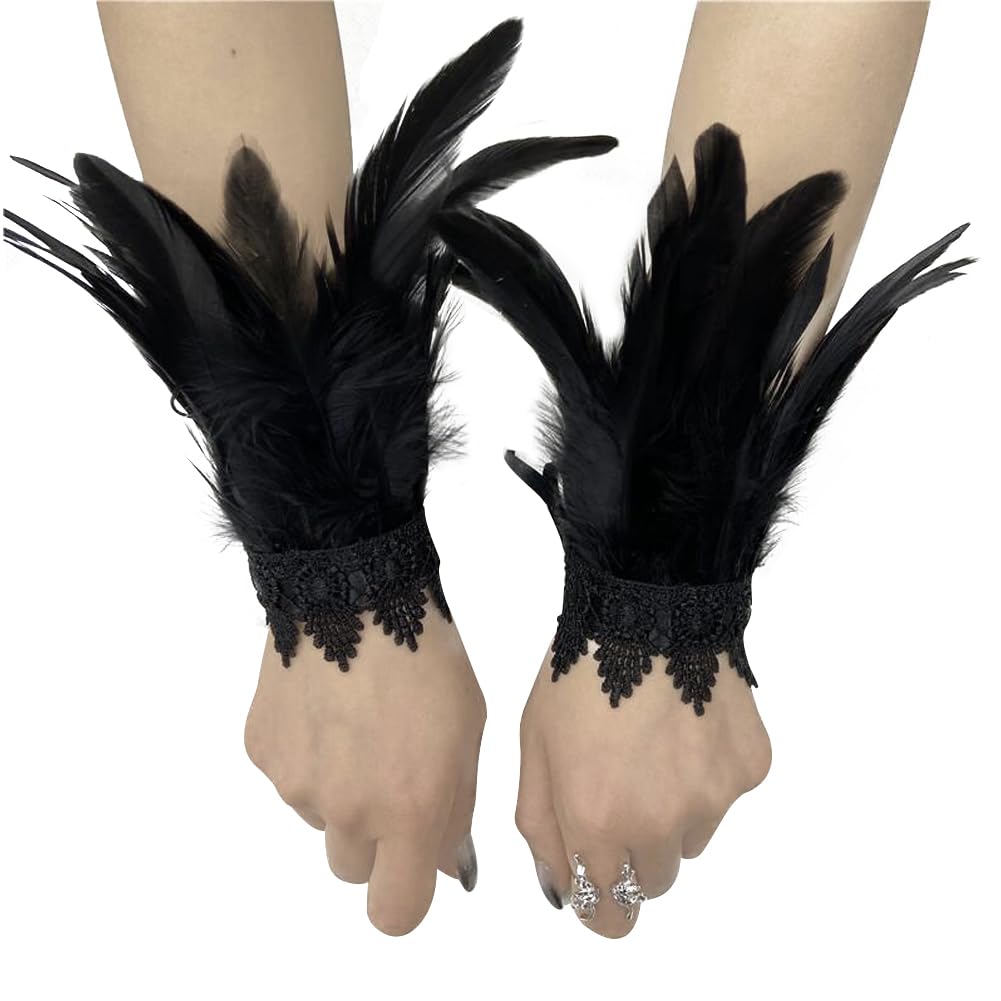 Feather Cape Feather Lace Glove Set Maleficent Costume Gothic Shawl Shrug Collar Plume Wrist Cuffs Shoulder Epaulettes Mardi Gras Fancy Dress Therian Gloves for Halloween Cosplay Party - Image 3