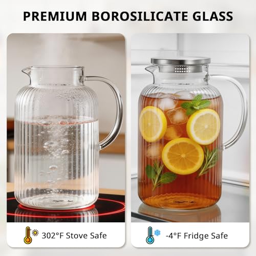 Image of Bivvclaz 1 Gallon Glass Pitcher with Lid and Handle, Stripes Water Pitcher for Fridge, Borosilicate Glass Carafe for Hot /Cold Drink, Extra Large Jug for Iced Tea, Coffee, Juice, Homemade Beverage