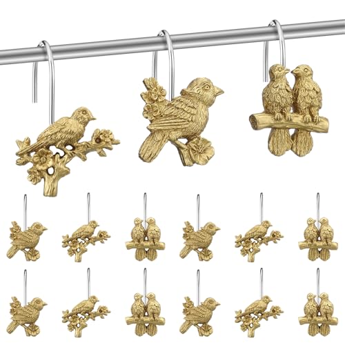 Amyhill 12 Pcs Bird Shower Curtain Hooks Antique Gold Birds Animal Decorative Hooks Rings Bulk Cute Hanger Stainless Steel Resin Nature Spring Themed Curtain Rings for Bathroom Bedroom Home Decor