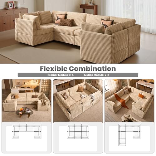Image of ovios Modular Sectional Sofa Couch with U-Shape Chaises Convertible, Comfy Plush Corduroy Cloud Couches, Modern Luxury Deep Seat Sofas Set for Living Room, 6-Seater, Beige