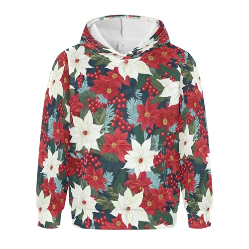 Kids Hoodies Sweaters Christmas Poinsettia Flower Hooded Sweatshirts with Big Pockets for Boys Girls B0400056