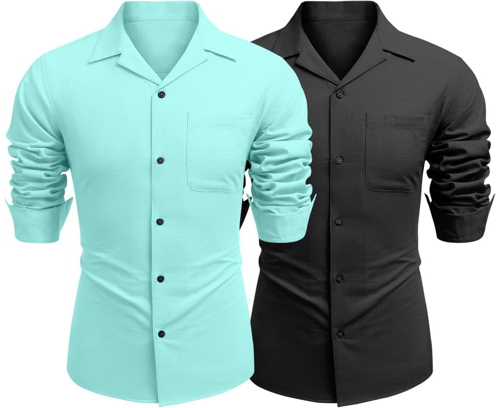 Image of Combo of Men's Casual Cotton Blend Shirt || Long Sleeve Button Down with Spread Collar | Lightweight Breathable Fabric | Stylish Solid Shirt for Beach, Office & Everyday Wear Pack of 2