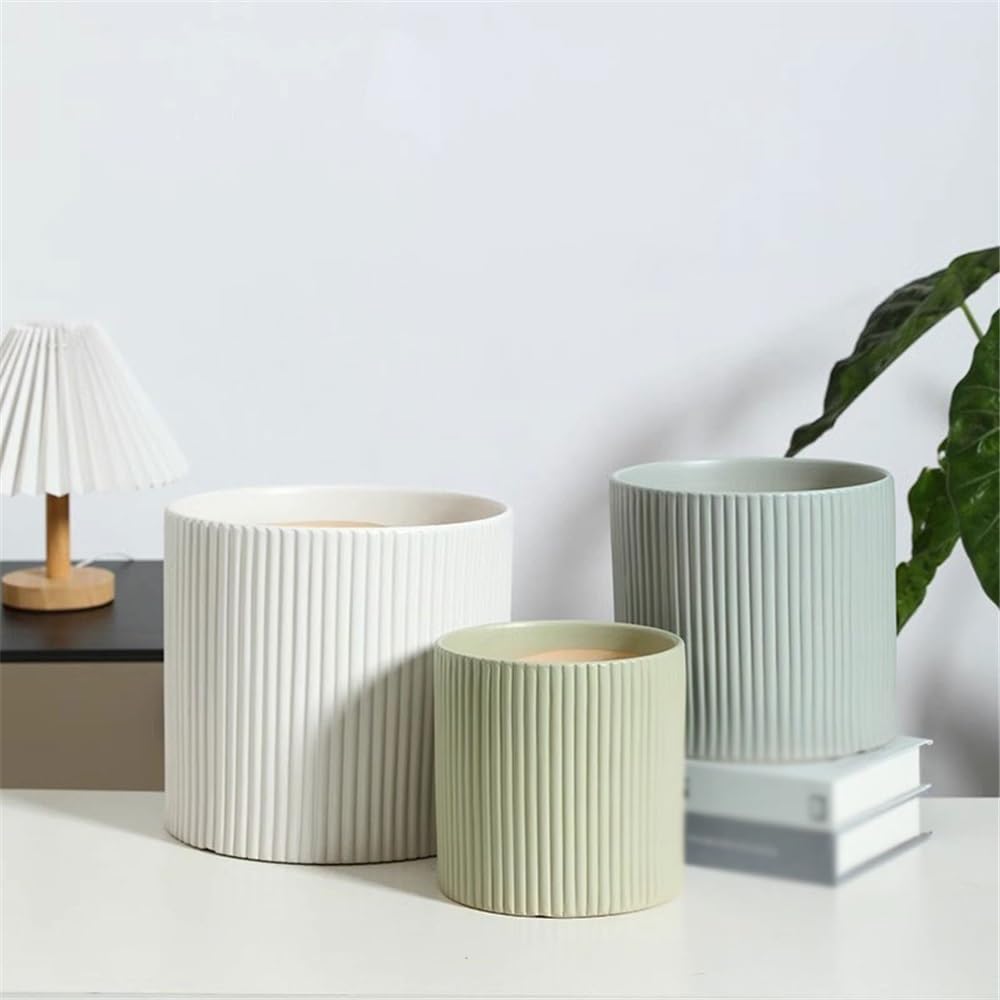 Doniczka cylindryczna jasnozielona doniczka na kwiaty do użytku wewnątrz i na zewnątrz z smugami ceramiczna doniczka z otworami drenażowymi donica stołowa do domu, patio, ogrodu