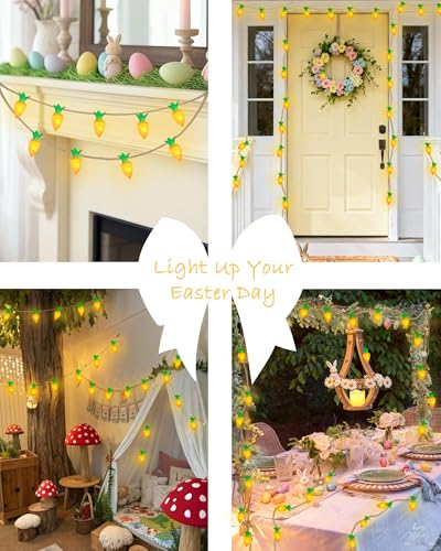 Image of YIQU Easter Decoration String Lights, 10FT 12LED Indoor Carrot Mantel Garland Battery Operated with Remote Timer 8 Modes, Hemp Rope Banner for Fireplace Table Wall Spring Party Indoor Outdoor Decor