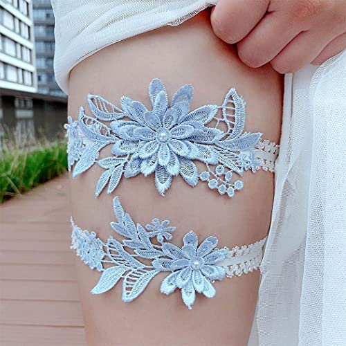 Genbree Lace Bridal Wedding Garters Blue Floral Garter Belt Elastic Bridal Leg Ring Wedding Accessories For Women (Pack Of 2) (Light Blue) #TOP1