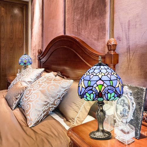 Image of 8'' Stained Glass Table Lamp, Vintage Desk Bedside Night Light | Stained Glass Crystal Bead Style Table Light, Handmade Antique Art Craft Gifts, for Living Room Bedroom (Blue Baroque)