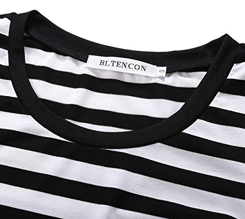 Image of BI.TENCON Women's Striped Pleated Casual A-Line Dresses Knee Length with Pockets