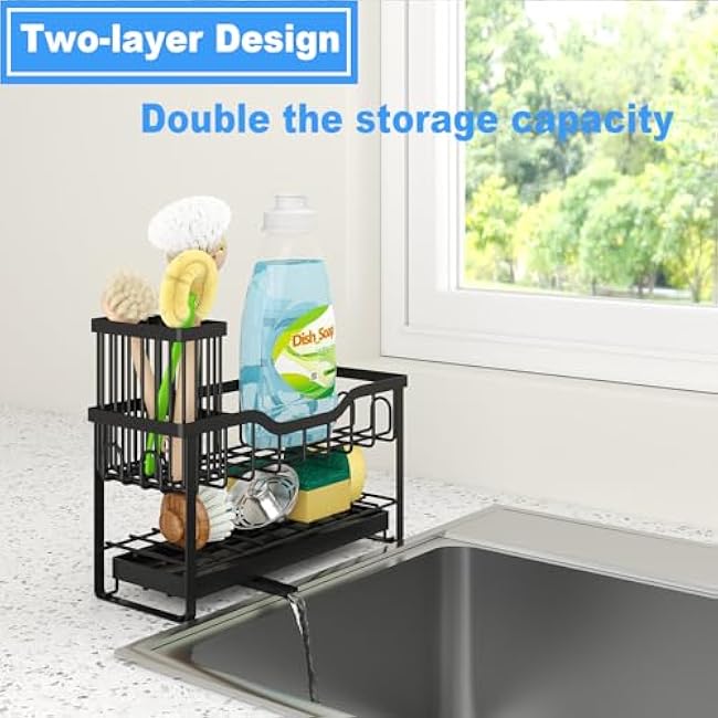 2-Tier Sponge Holder for Kitchen Sink, Caddy Organizer with High Brush Holder, Durable & Rustproof Kitchen Sink Accessories (Black)