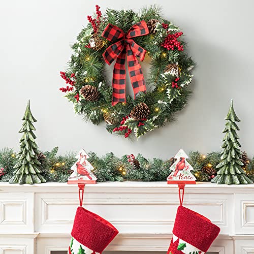 Glitzhome 24" Led Christmas Wreath Pre-Lit Greenery Holly Pinecones Bow-Knot Berry Rattan Ornament Decorative Artificial Wreath For Front Door Wall Window Indoor Outdoor Christmas Decorations #TOP7
