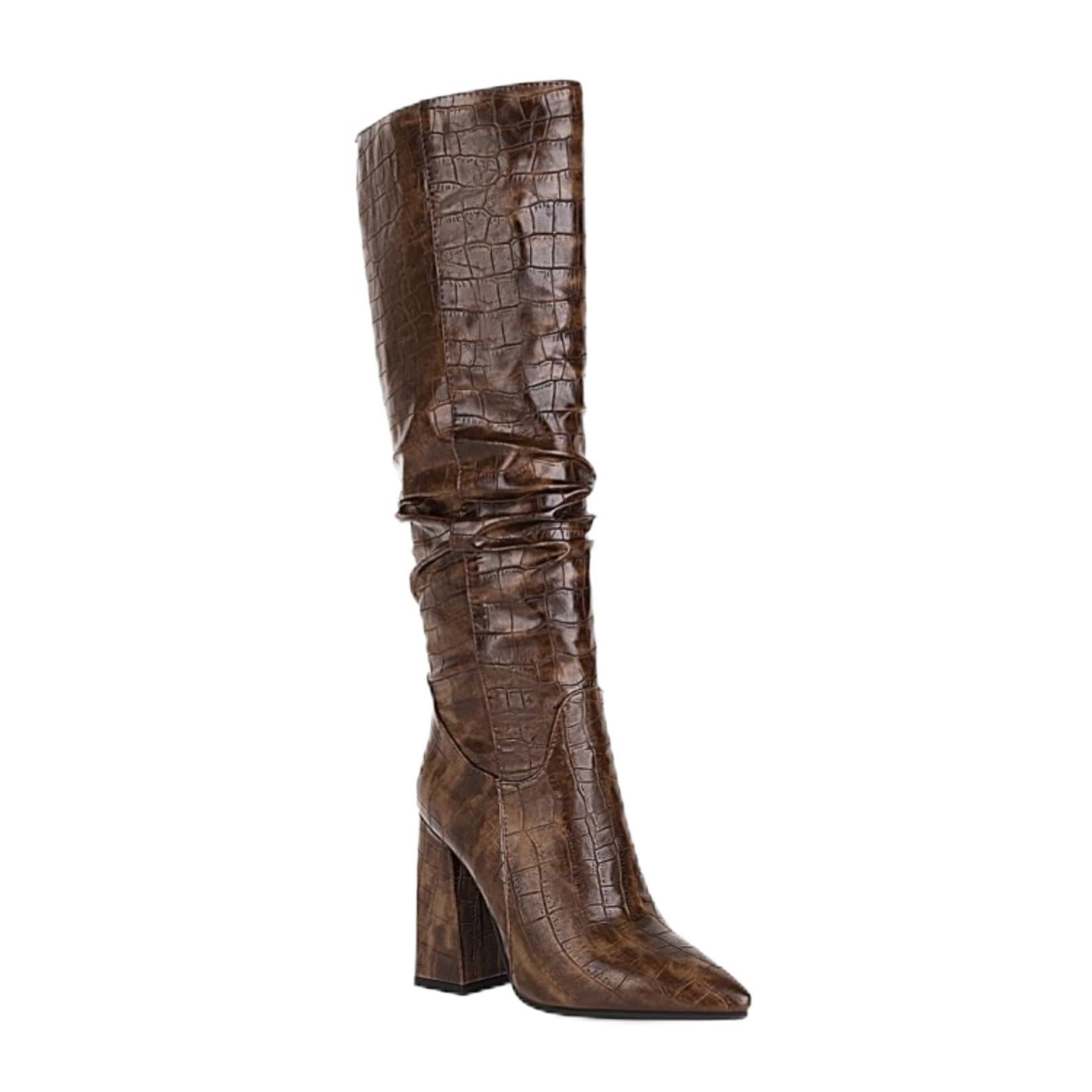 Womens Crocodile Knee High Boots Block Heel Pointed Toe Retro Party Solid Color Slip on Long Shoe Wide