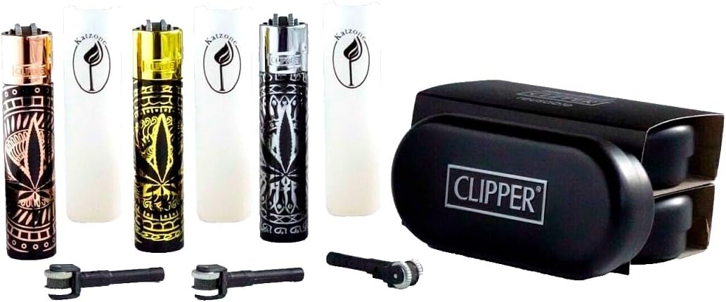 3X (3 Sets) CLIPPER Large Metal Lighters (CP11) - 1 of Each - Shiny Gold,Rose Gold, Silver with Premium Leaves Pattern - Bundles with 3 "KATZONE Silicone Sleeves & 3 Extra Flint Systems