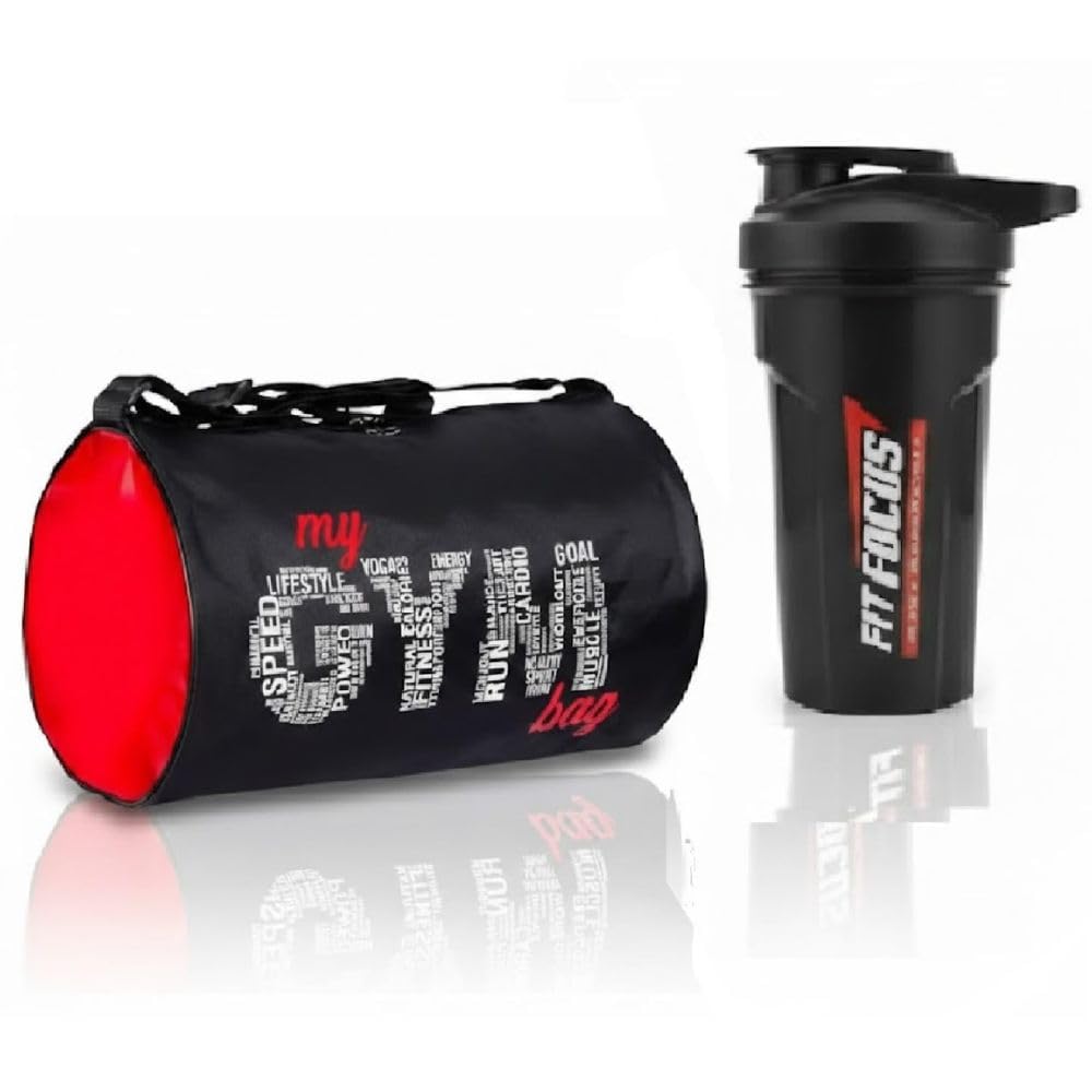 Fit Focus Gym Bag and Protein Shaker Bottle Combo, Black and Red Waterproof Duffle Bag with Shaker, Gym Accessories Kit (Black)-image-25