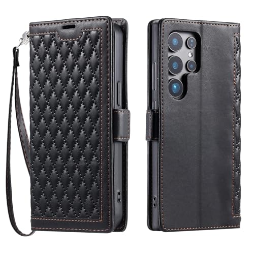 Étui en cuir pour Samsung S23 Ultra noir avec porte-cartes et rabat portefeuille