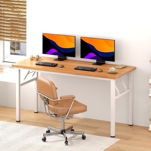 Image of Need Office Computer Desk 54.3 Inch Sturdy Folding Laptop Table Teak | White Frame Writing Gaming Work Table /Foldable Home Office Desk /Sewing Table, No Assembly Required