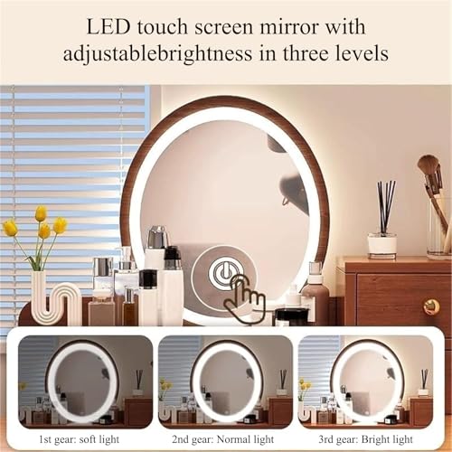 Tocador de maquillaje con espejo de brillo ajustable y cajones para dormitorio pequeño 5