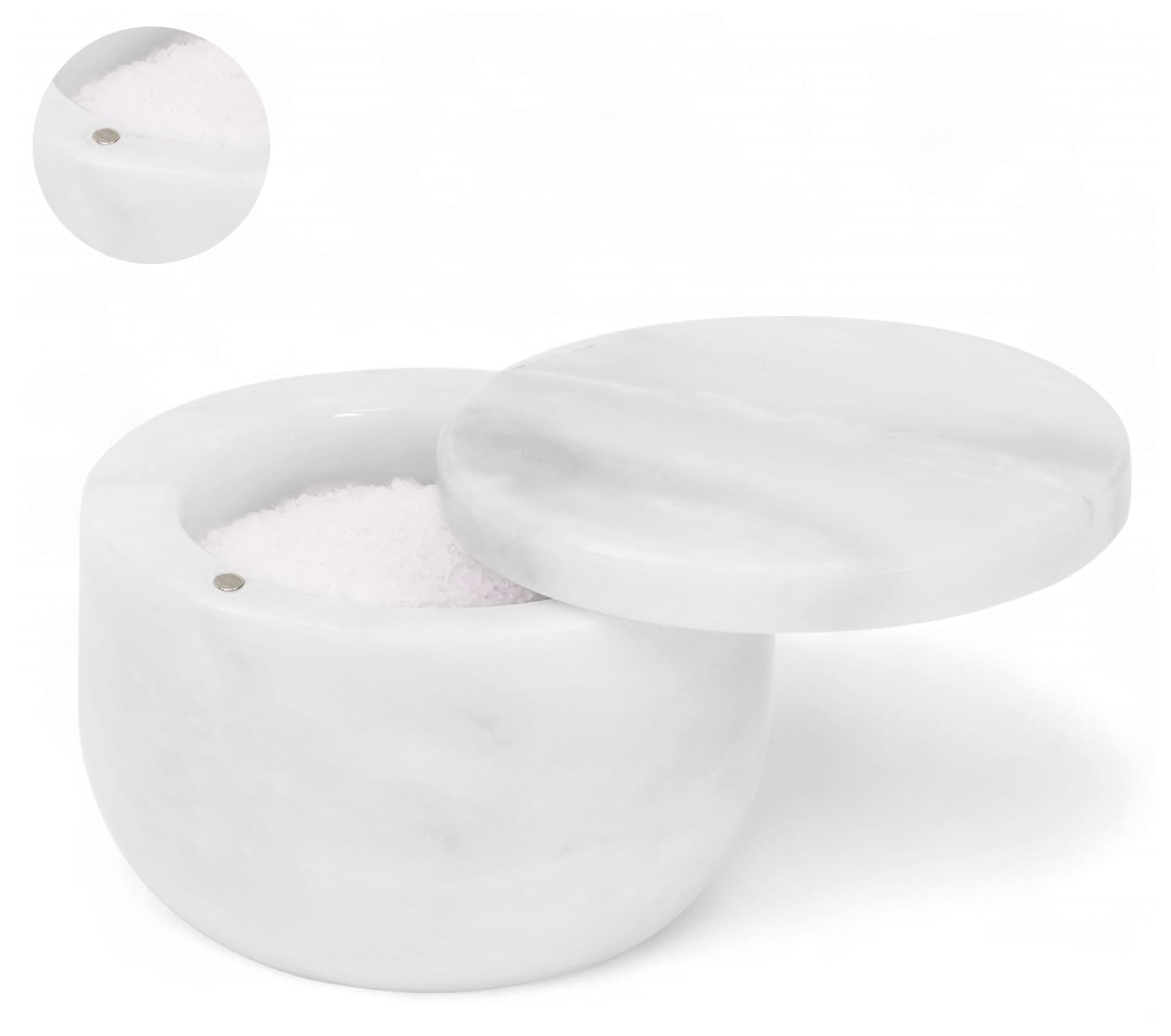 Saliera in marmo bianco da 7,6 cm, con coperchio, contenitore per sale con chiusura magnetica per bancone della cucina, contenitore per sale e spezie, barattoli per condimenti da tavola