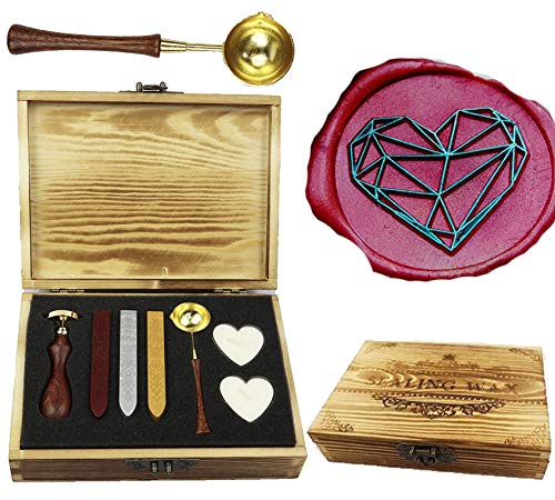 CTEB Diamond Heart Wax Seal Stamp Kit Wood Handle Melting Spoon Wax Sticks Candle Wood Gift Box Set Decorating Gift Cards Weding Invitations Envelopes Letters Sealing Wax Seal Stamp Kit