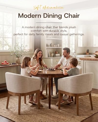 Image of HNY Barrel Dining Chairs Set of 4, Mid Century Modern Upholstered Dining Chairs with Arms, Linen Kitchen & Dining Room Chairs, Solid Wood Frame Accent Chairs for Kitchen, Apartment, Beige