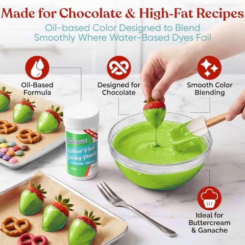 Image of Bakerpan Green Food Coloring Powder for Baking - 30g Oil Based, Artificial Dye-Free, Plant-Based, Kosher, Gluten-Free - For Buttercream, Chocolate, Candy & Cakes