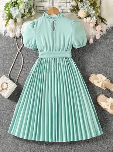 Hilinker Girls Short Sleeve Pleated Dresses Summer Puff Sleeve A-Line Belted Frill Trim Dress2