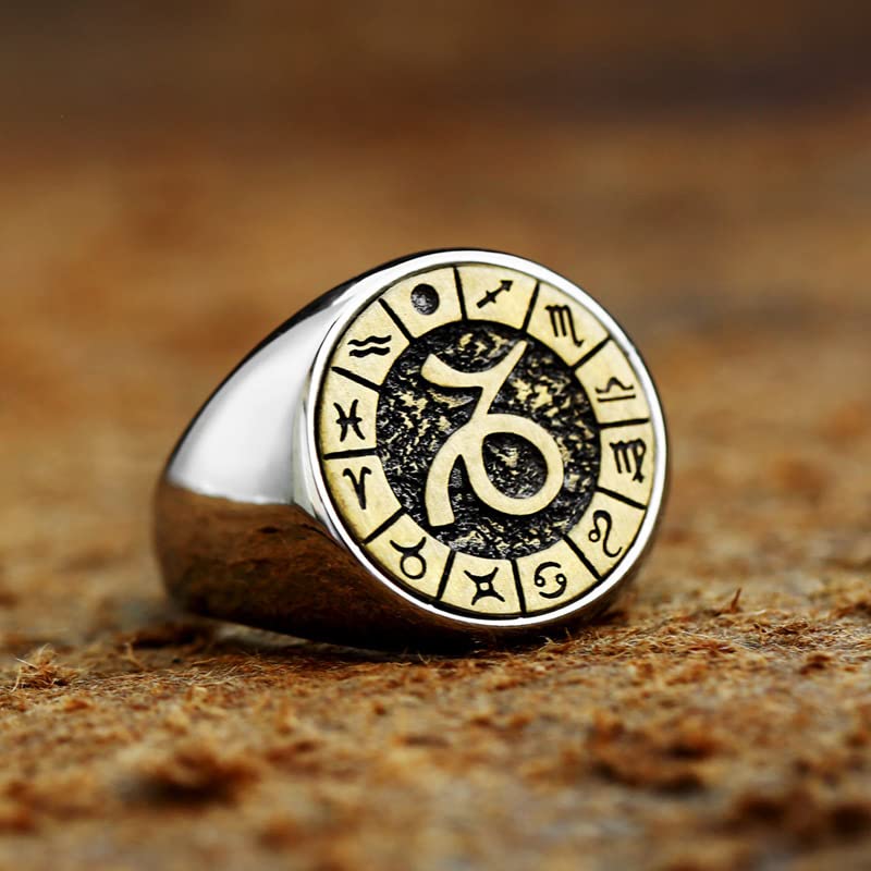 Image of Unisex 12 Constellation Zodiac Sign Signet Ring | Stainless Steel, Hip Hop Sign Signet, Horoscope Astrology Jewelry, Birthday Gift
