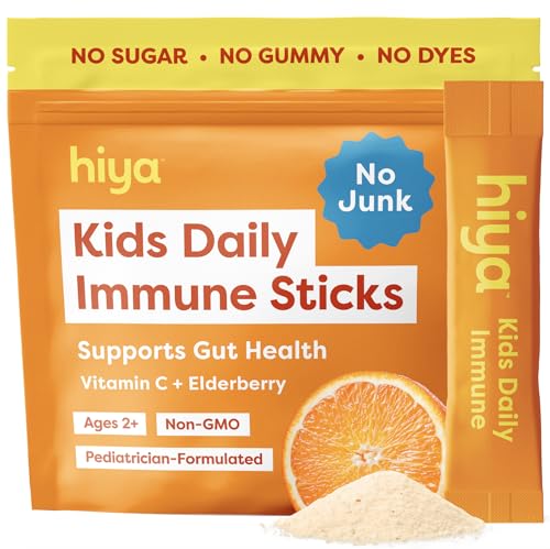 Hiya Kids Immune Support Vitamin C Elderberry & Beta Glucans for Ages 2+ Delicious Orange Flavor 0g Sugar 20 Stick Packs for Toddlers & Kids