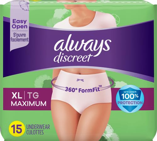 Image of Always Discreet Adult Diapers for Women, Incontinence Underwear, Postpartum Essentials, Disposable Briefs, Max Absorbency, Bladder Leak Protection, Extra Large /XL, 15ct (Pack of 2)