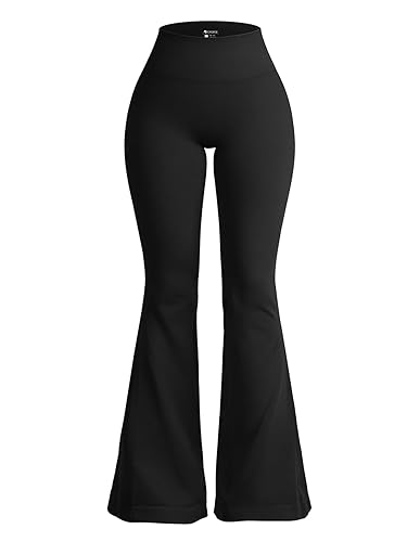 OQQ Leggings de Yoga pour Femmes Taille Haute sans Coutures Acanalés Élastiques avec Jambes Évasées pour Femmes - Noir - L