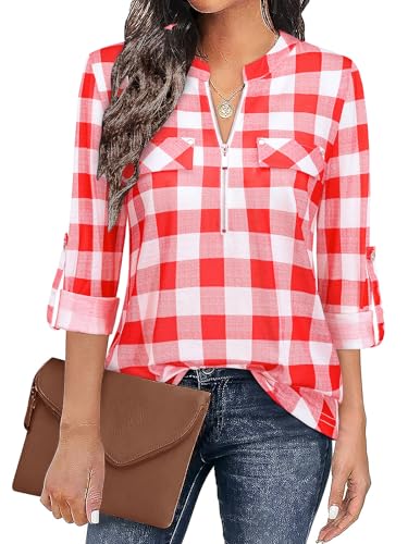 Image of Bulotus 3 /4 Length Sleeve Womens Striped Tops Zipper V Neck Collared Blouses Business Casual Tunics 2026 Spring Trendy