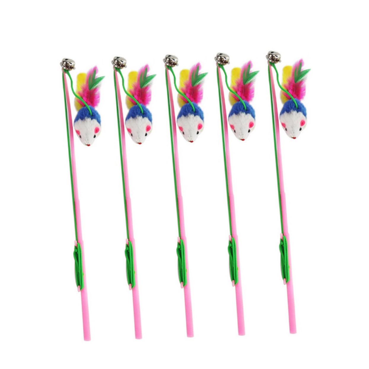 Happyyami 5Pcs Colorful Plush Mouse Cat Feather Wand Interactive Teaser Stick for Cats and Kittens Engaging Bell Design for Active Playtime and Bonding