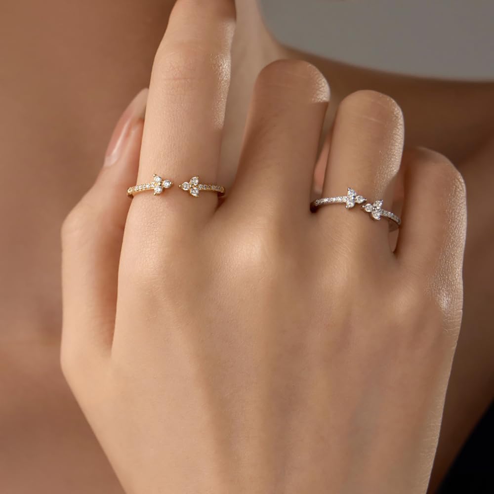Diamond Flower Stacking Open Ring for Women 925 Sterling Silver Cubic Zirconia Crystal Adjustable Statement Thin Rings Wedding Promise Eternity Knuckle Finger Band Dainty Jewelry Gifts for Her Birthday - Image 2