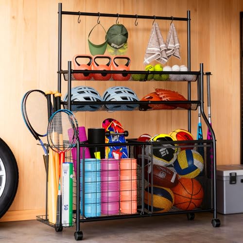 Insdiy Large Sports Organizer for Garage, Ball Storage Rack Garage Sports Equipment Organizer with Side Racks, Baskets, Hooks, Multi-Purpose Golf Gear Storage for Gym Indoor Outdoor