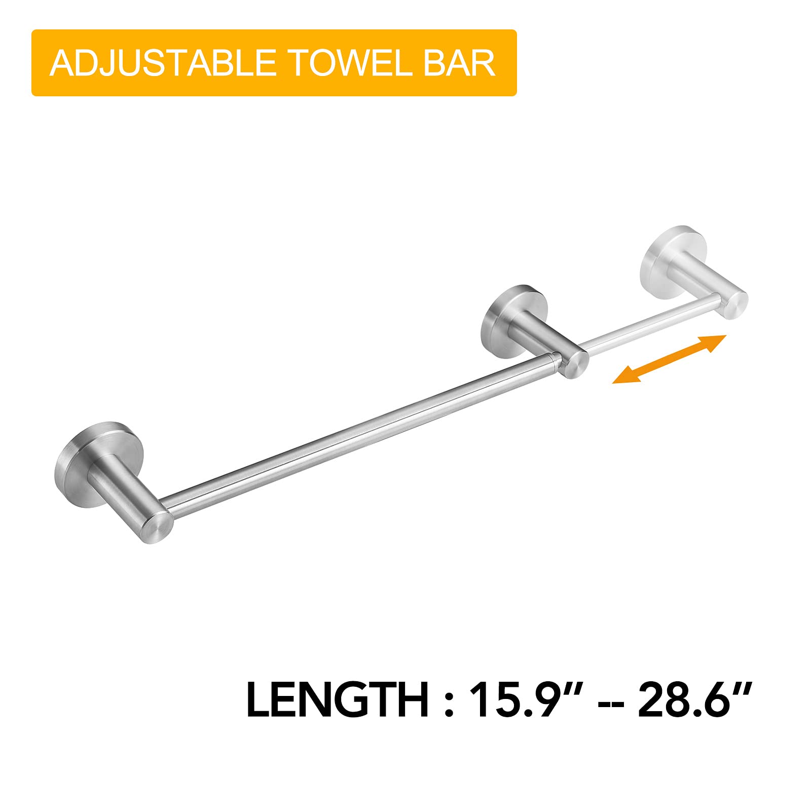 BESy, Adjustable 16" to 27" Single Bathroom Towel Rack SUS304 Stainless Steel Towel Holder, Wall Mount with Screws - Image 2