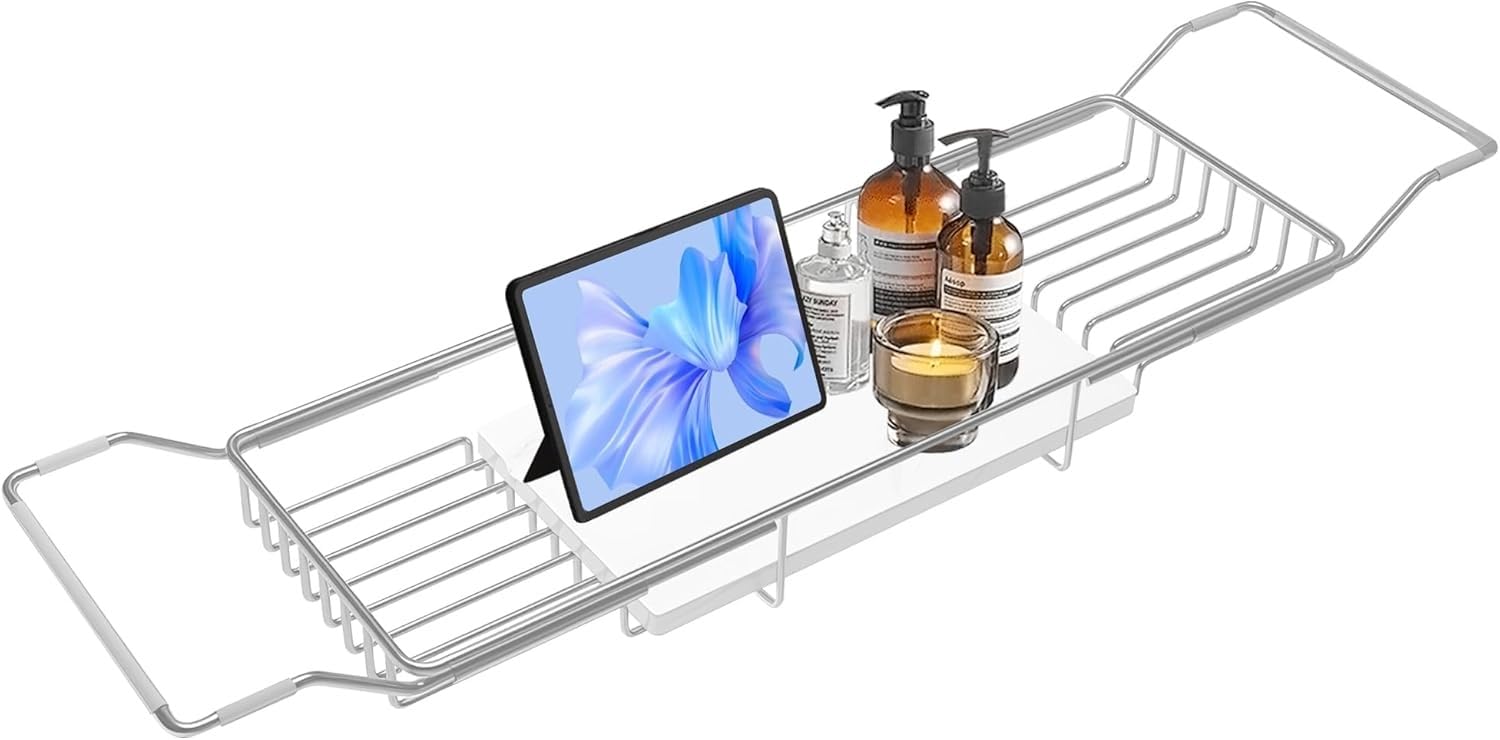 Bandeja de Bañera Extensible de Acero Inoxidable Dorado con Mármol Blanco | Estante Ajustable, Soporte Telescópico Multifuncional Organizador Antióxido(Silver+White)