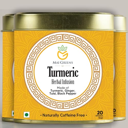 Image of Mai Greens Turmeric Herbal Infusion - 60 PLA Pyramid Bags | Blend of Turmeric, Ginger, Tulsi & Black Pepper | Caffeine-Free | Anti-Inflammatory & Immune Support