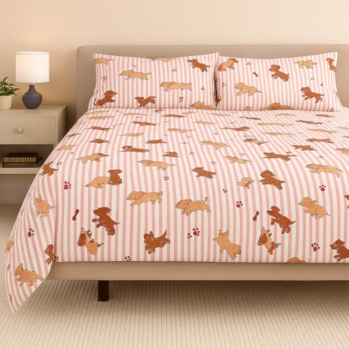 Image of Cottington Lane Printed Bedsheet for King Bed - 102x108 Inches | Puppy Love Print | Soft, Breathable & Wrinkle-Free Microfiber | Includes 2 Pillow Covers - Summer Comfort Bedding Set