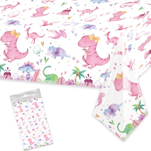 Letromp 1 Pc Pink Dinosaur Birthday Tablecloths 54 x 108 Inch Watercolor Dinosaur Table Covers for Dino Theme Girls Baby Shower 1st 2nd 3rd 4th Birthday Party Supplies Table Decorations Favors