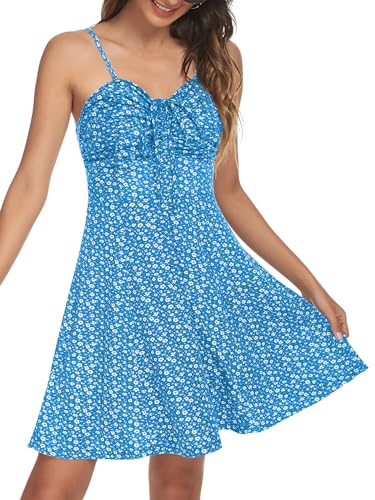 Missufe Freizeitkleid Sommerkleid Spaghettiträger Swing Blumenkleider Damen Cami Kleider (Blau, mittel)
