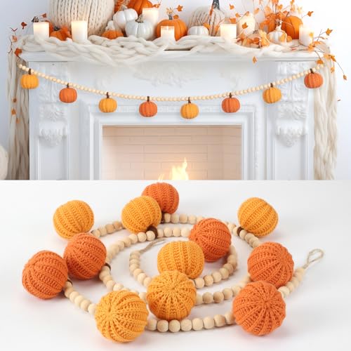 ZenNex Crochet Pumpkins Garland with Wood Beads Fall Pumpkin Garlands Decor for Fall Thanksgiving, Harvest, Halloween Orange and Pink Color Sets (Rustic Fall Color)