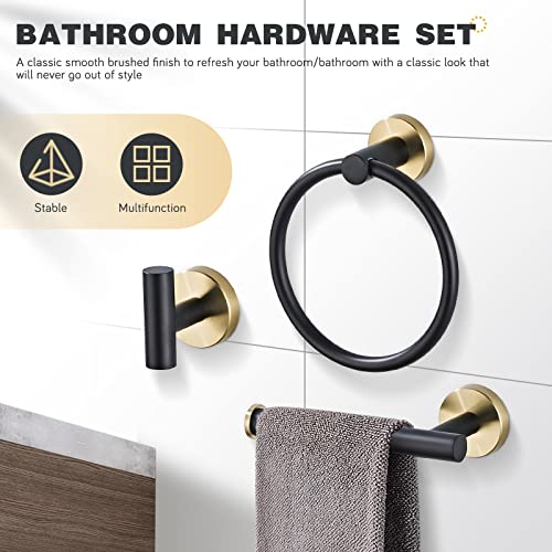 Bathroom Hardware Set 3 Piece Black&Gold Wall Mounted Stainless Steel Hardware Towel Bar Set Gold Bathroom Accessories Towel Rack Set Kit Includes Hand Towel Ring, Toilet Paper Holder, Robe Hook by AIGOTSUKI - Image 3