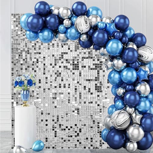 Image of Silver Shimmer Wall Backdrop 36 Panels Cover 6 x 6 Ft, Photo Backdrops for Wedding,Anniversary,Birthday,Party Decoration