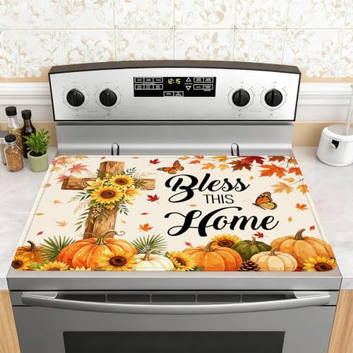 Image of Bless This Home Stove Top Cover for Electric Stove 28 inch x 20 inch, Christian Cross Glass Cooktop Protector, Sunflower Pumpkin Stove Cover, Rubber Countertop Mat, Thanksgiving Farmhouse Kitchen Decor