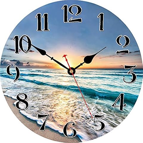 VIKMARI Kitchen Wall Clock - Home Decorative Wall Clock,14 Inch Silent Non-Ticking Quartz Battery Operated Clock, Easy to Read Round Arabic Numerals Ocean Wave Pattern Wooden Wall Clocks Cover