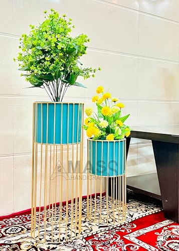 Image of Modern Metal Decorative Floor Standing White And Gold Indoor Outdoor Plant Stand With Pot For Home Decor Living Room Office Bedroom Balcony Set of 2 Flower Pots (Green)